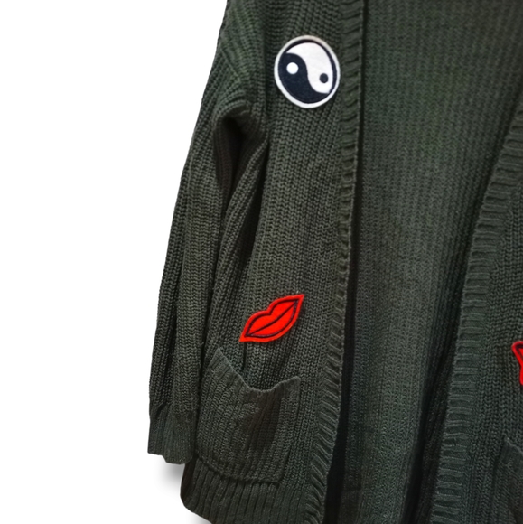 PINK ROSE Women's Army Green Emoji Knit Cardigan - Picture 6 of 16